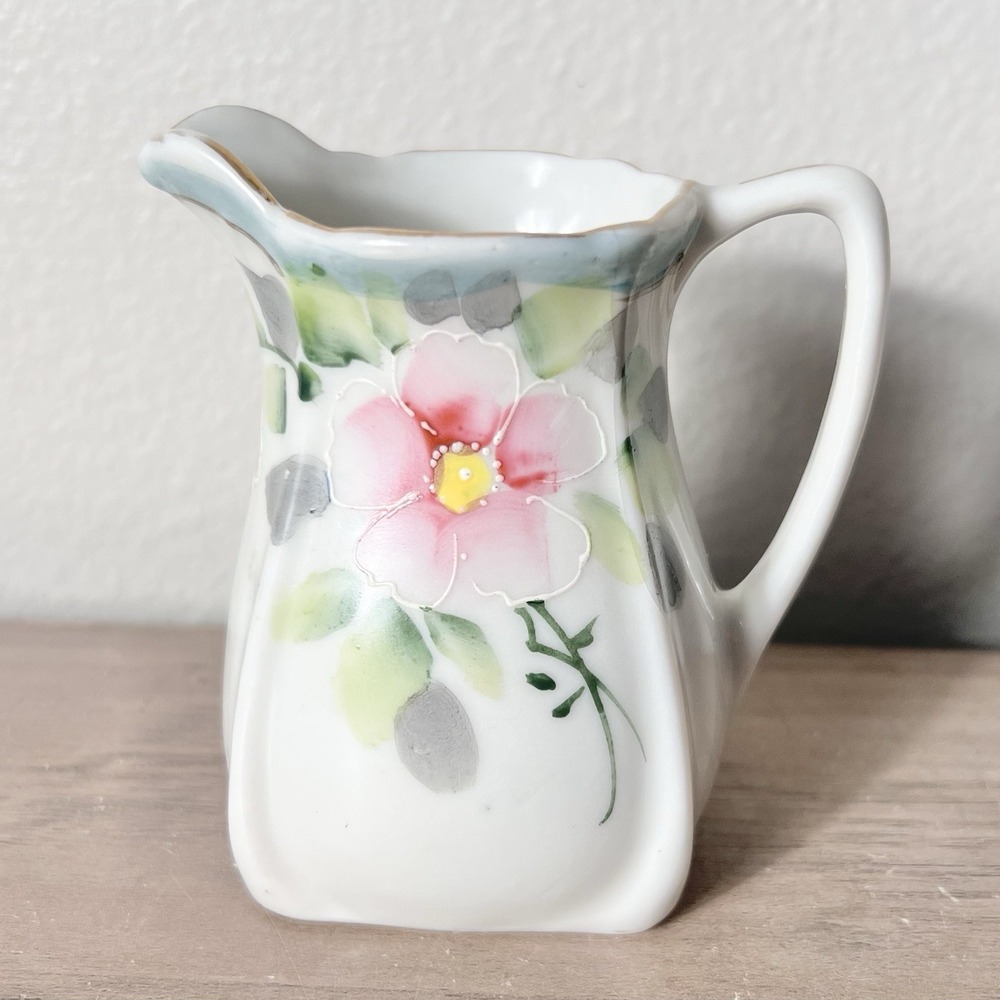 Vtg Floral Hand Painted Creamer Pitcher White Ceramic Japan 3.75"H *FLAW As-Is
